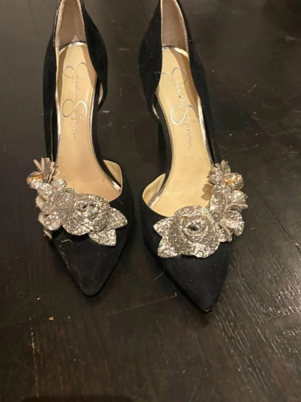 🤍 Jessica Simpson Black Suede Glitter Floral D'Orsay Heels 🤍